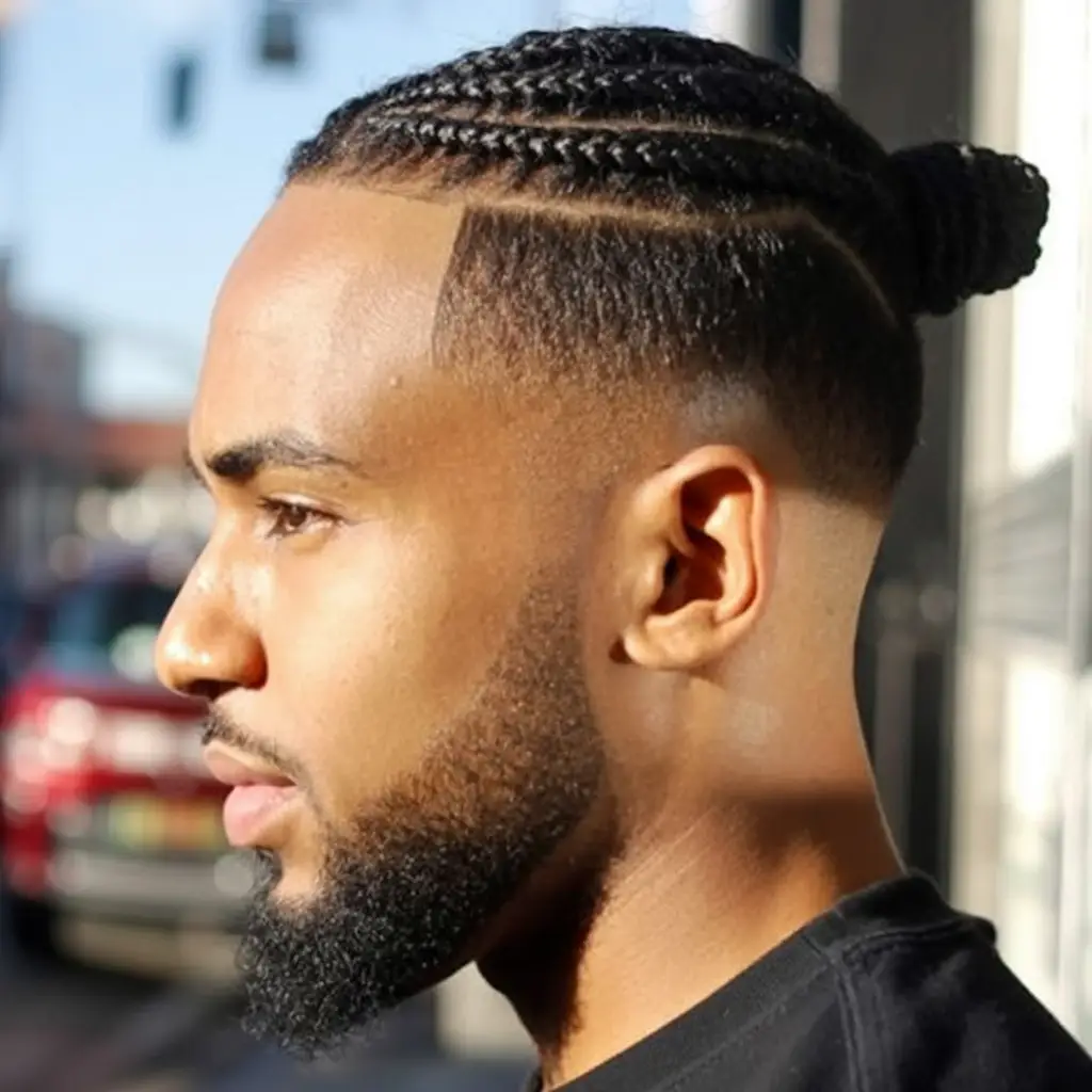#15. Mid-Fade Cornrows with Sleek Braided Bun
