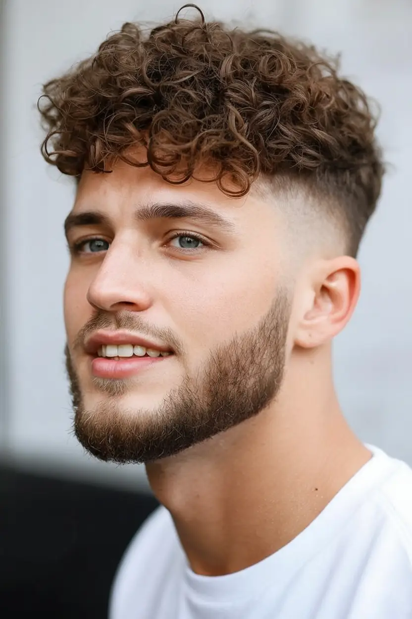 #16. Loose Curly Top with Low Fade and Sharp Beard