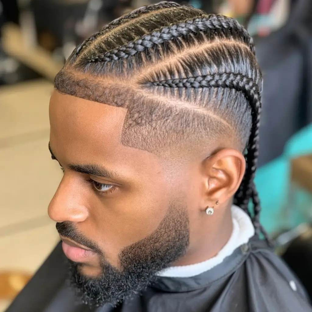 #17. V-Part Cornrows with Temple Fade and Crisp Lineup