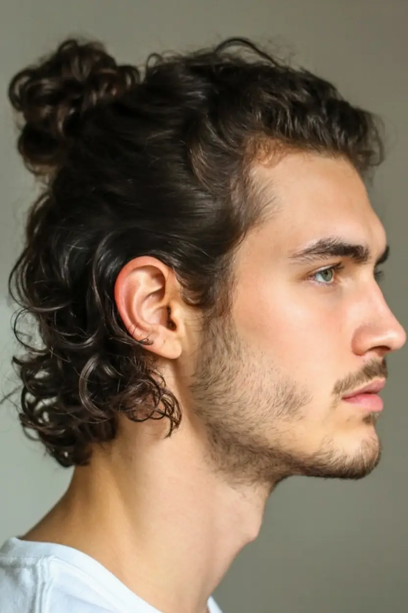 #19. Curly Half-Up Bun with Natural Flow