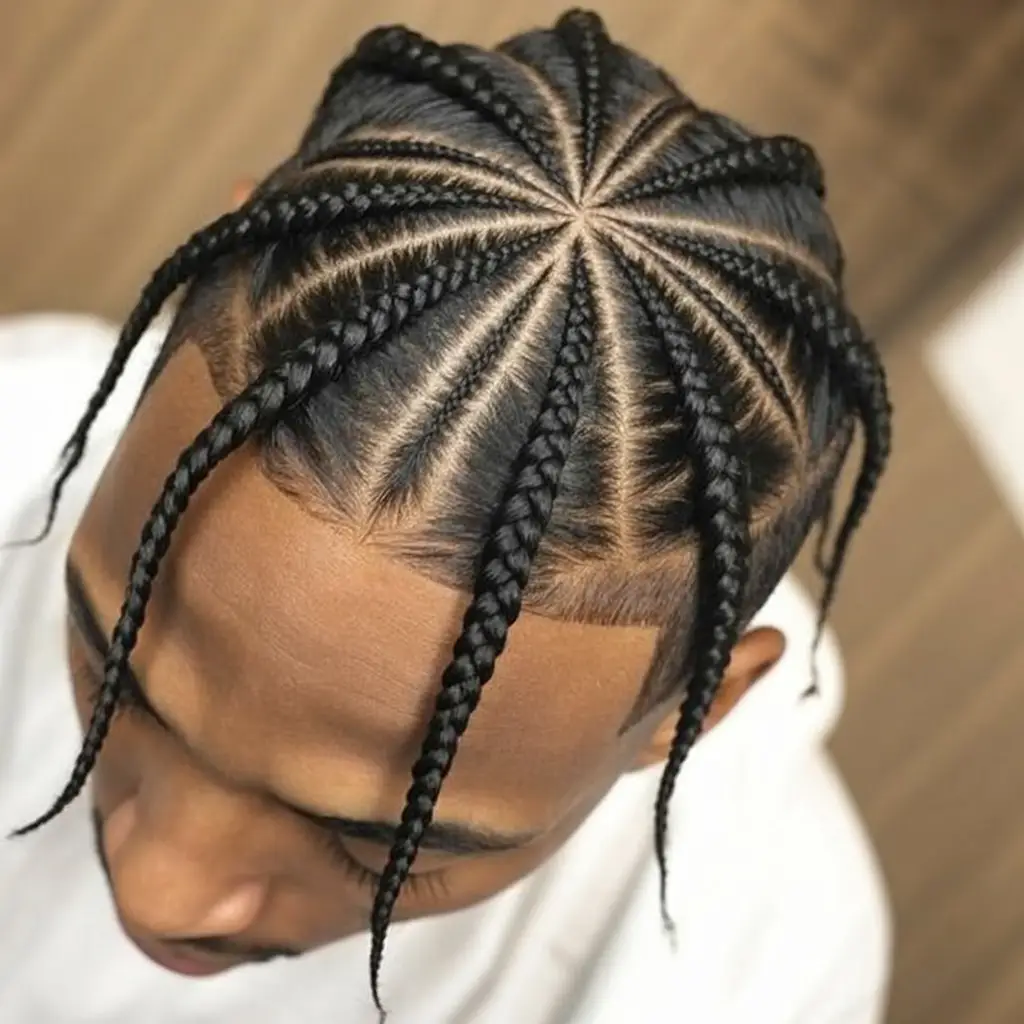 #19. Starburst Cornrows with Central Crown Pattern