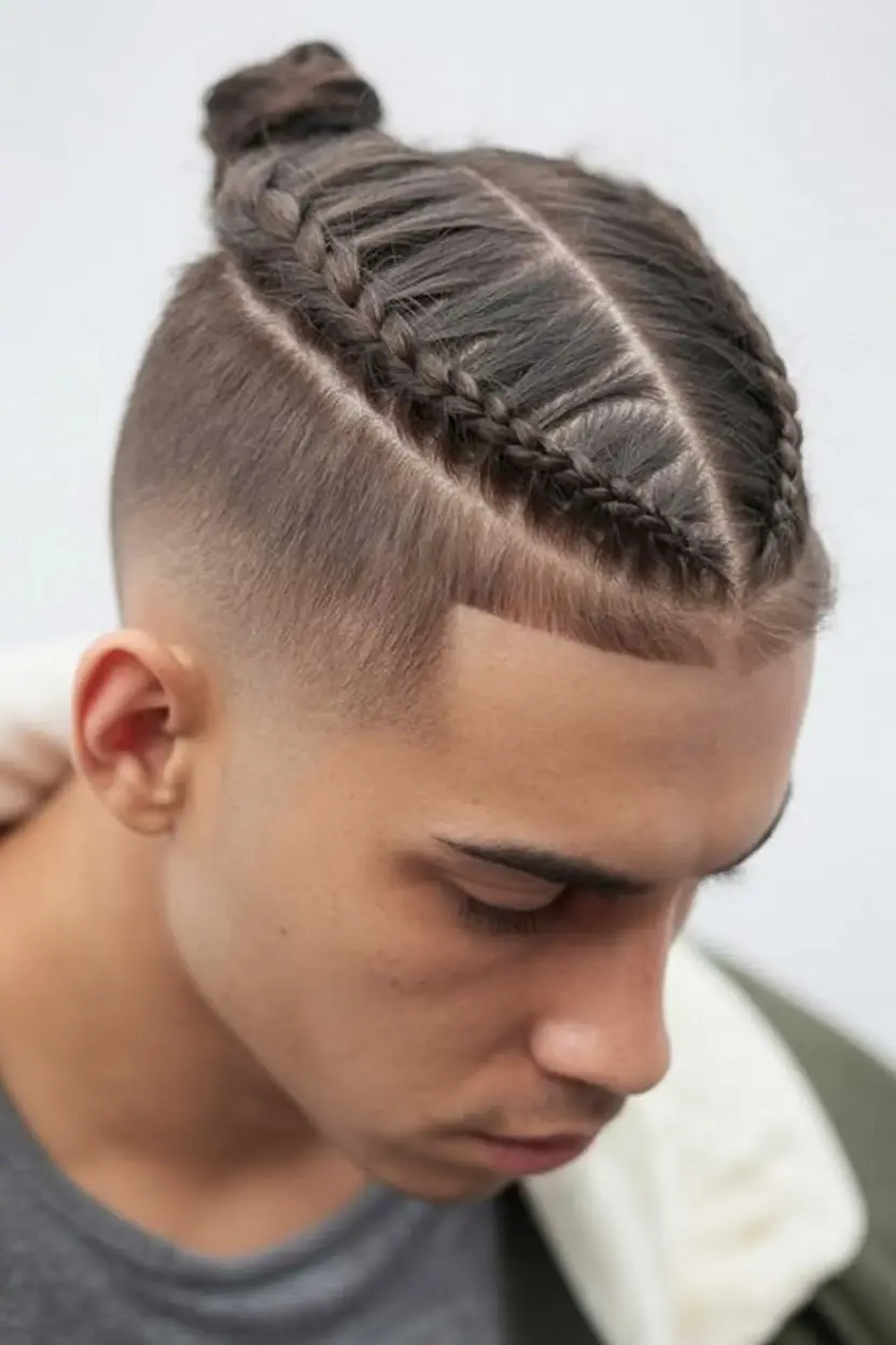 #3. Symmetrical Cornrows with Low Fade and Top Knot