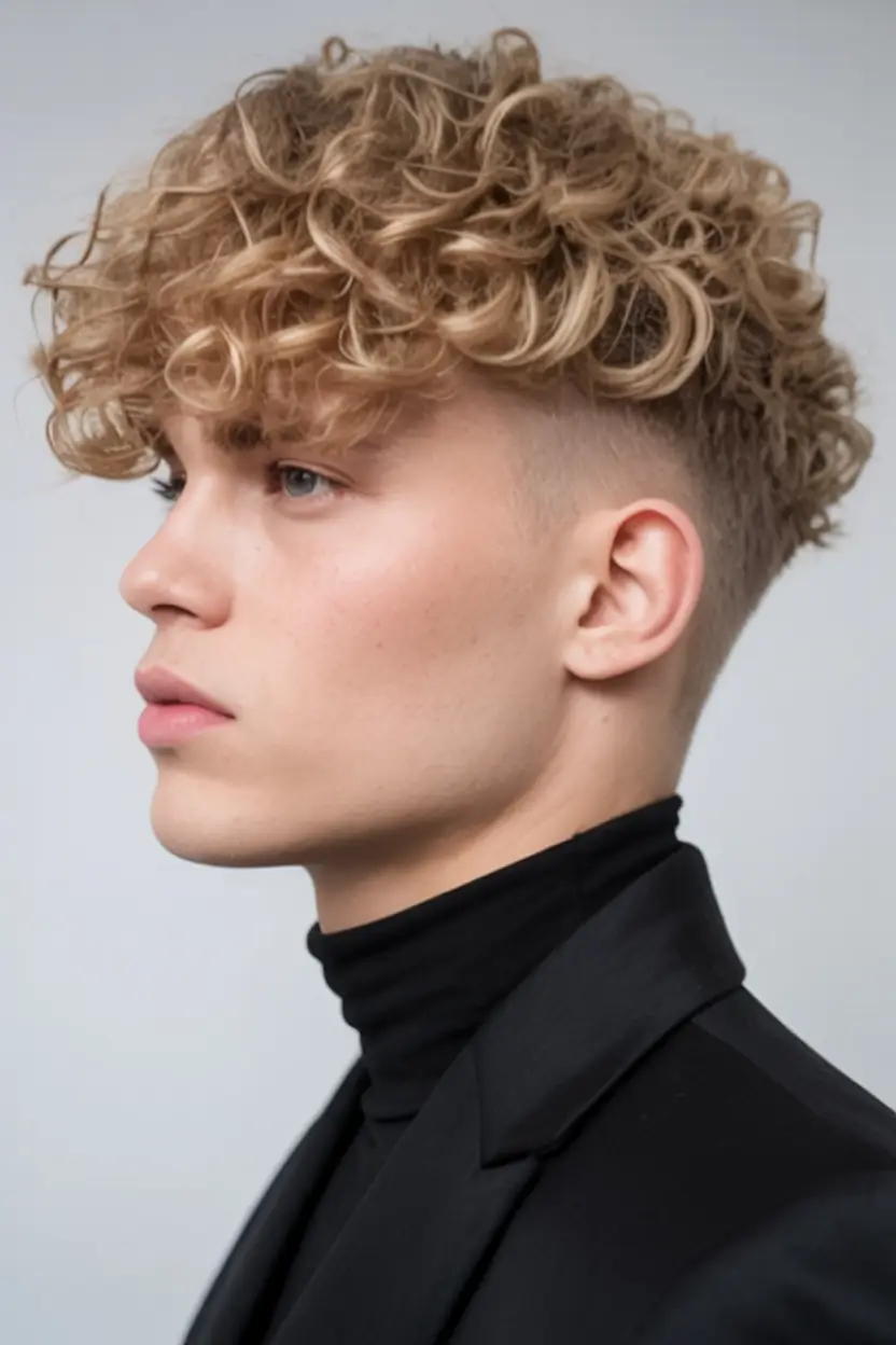 #5. Blonde Curly Fringe with Taper Fade