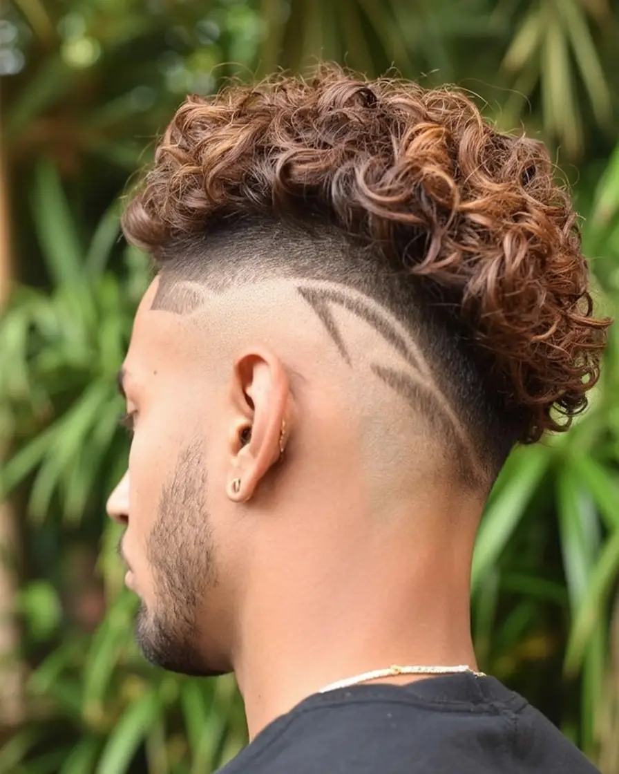 #5. Curly Fade Mohawk with Zigzag Shave Design