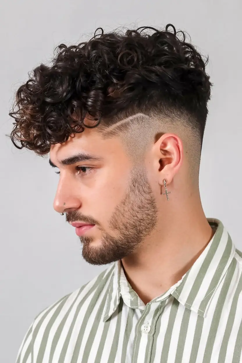 #7. Curly Textured Top with Fade and Razor Line