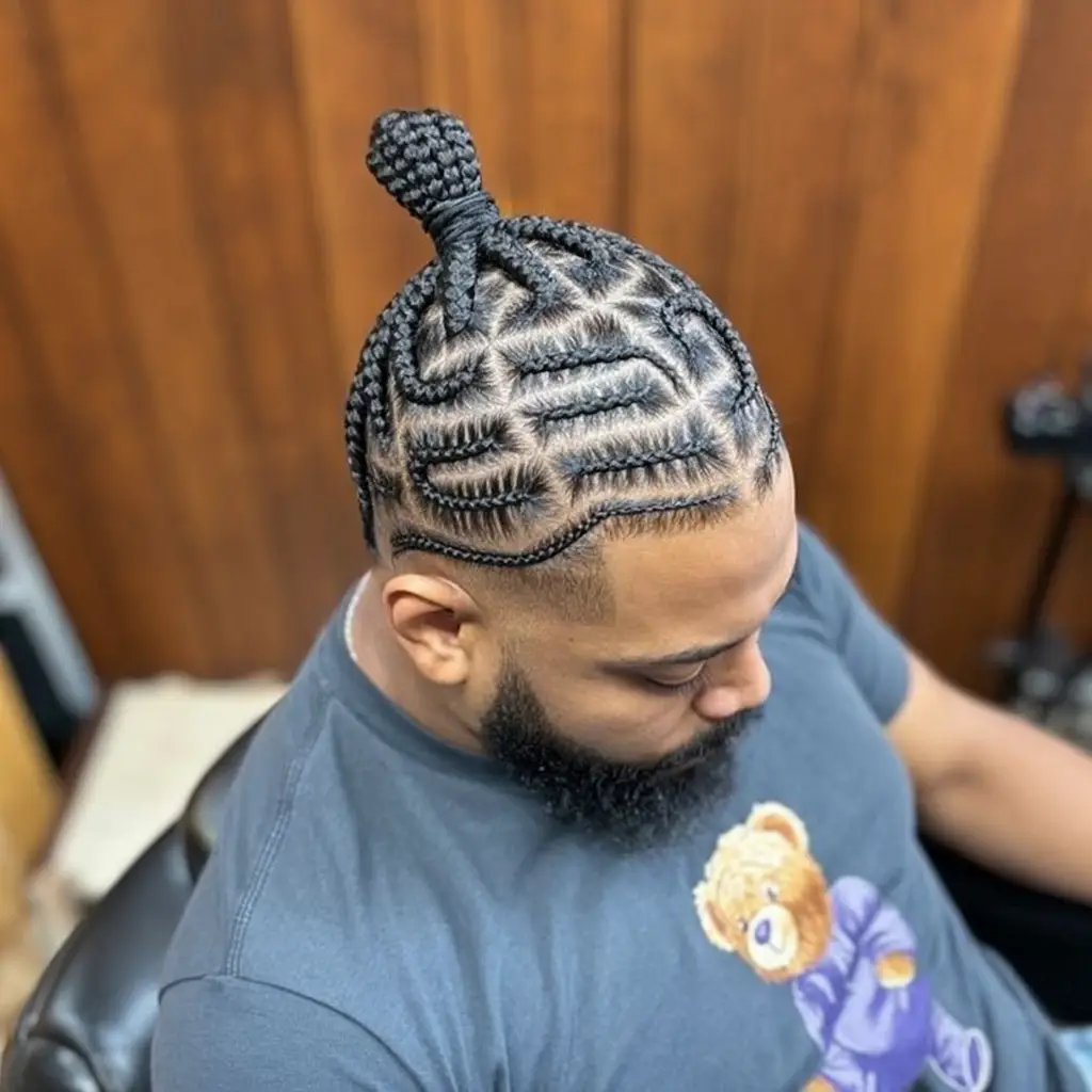 #7. Maze Pattern Cornrows with Braided Bun
