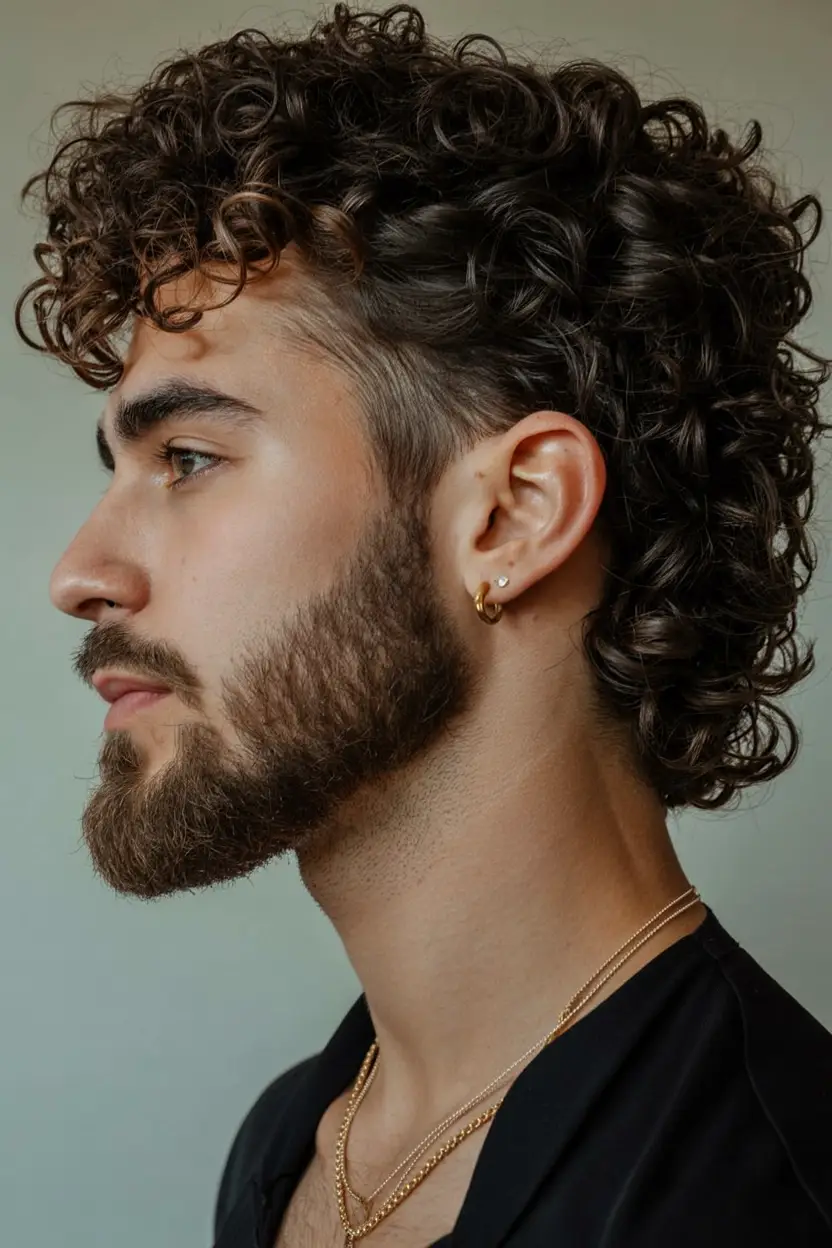 #9. Tapered Curly Mullet with Soft Beard Blend